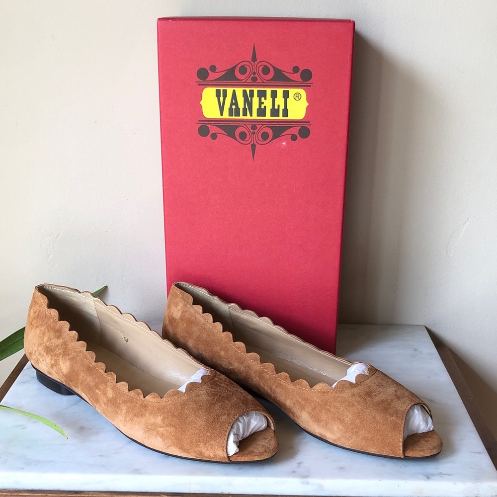Vaneli Tan Suede Scalloped Peep-Toe Flats